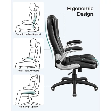 Magas háttámlájú irodaszék, ergonomikus vezetői szék összecsukható kartámasszal, fekete