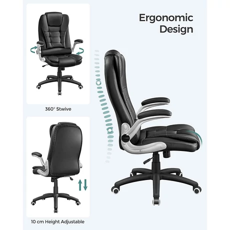 Magas háttámlájú irodaszék, ergonomikus vezetői szék összecsukható kartámasszal, fekete