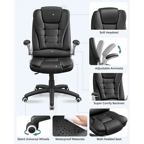 Magas háttámlájú irodaszék, ergonomikus vezetői szék összecsukható kartámasszal, fekete