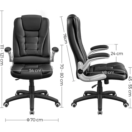 Magas háttámlájú irodaszék, ergonomikus vezetői szék összecsukható kartámasszal, fekete