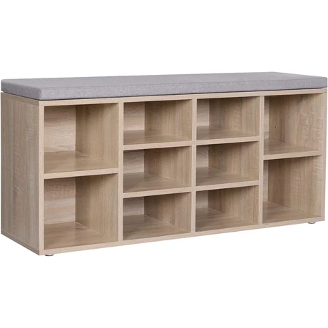 Cipőtároló pad 10 rekesszel, Cipőpad párnával 104 x 30 x 48 cm, tölgy színű