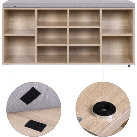 Cipőtároló pad 10 rekesszel, Cipőpad párnával 104 x 30 x 48 cm, tölgy színű