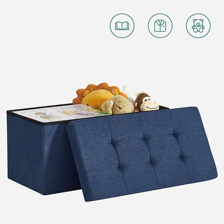 Puff, összecsukható párnázott tároló ottomán pad 80 L, sötétkék 76x38x38 cm