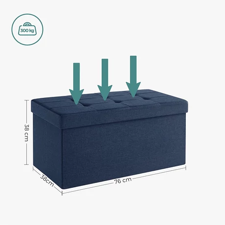 Puff, összecsukható párnázott tároló ottomán pad 80 L, sötétkék 76x38x38 cm