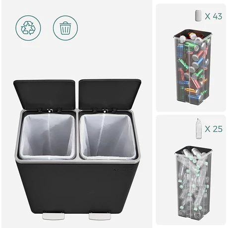 Légmentes fém pedálos dupla szemetes 2 x 30L, 15 szemeteszsákkal, fekete