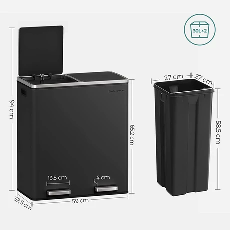 Légmentes fém pedálos dupla szemetes 2 x 30L, 15 szemeteszsákkal, fekete