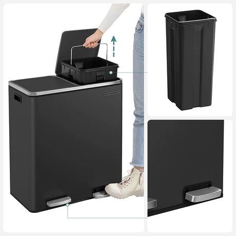 Légmentes fém pedálos dupla szemetes 2 x 30L, 15 szemeteszsákkal, fekete
