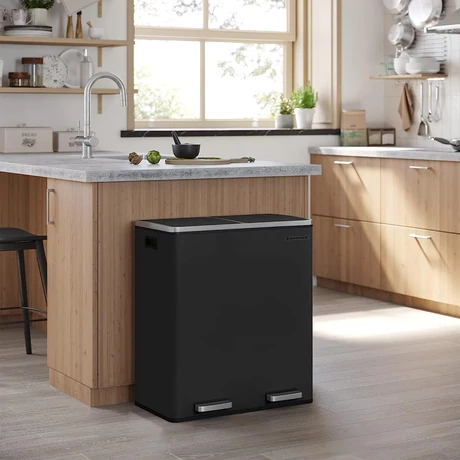 Légmentes fém pedálos dupla szemetes 2 x 30L, 15 szemeteszsákkal, fekete