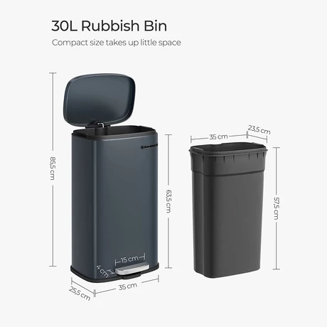 Konyhai szemetes 30L, acél pedálos szemetes, füstszürke