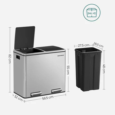 Szelektív szemetes, konyhai hulladékgyűjtő, rozsdamentes acél, 2 x 24 L