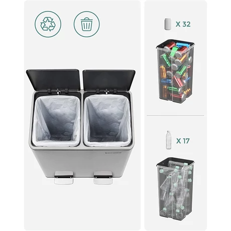 Szelektív szemetes, konyhai hulladékgyűjtő, rozsdamentes acél, 2 x 24 L