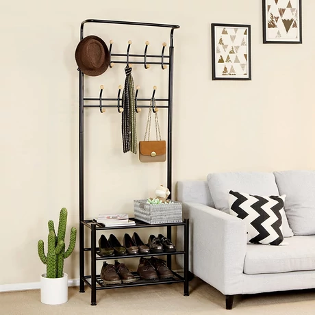 Bejárati Ruhafogas, Ruhaállvány cipőtárolóval 187cm, fekete