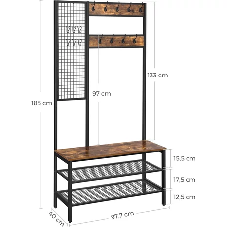 Kabáttartó, Kabátállvány rácsfallal és cipőpaddal 97,7x185x40 cm, rusztikus barna és fekete